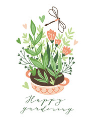 Cute vector seasonal greeting card - Growing flowers in the flower bed. Spring garden background with text 'Happy gardening'.