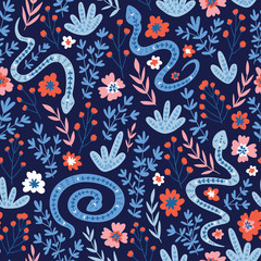 Snakes and flowers. Cute childish fabric design. Vector seamless pattern in hand drawn style. Ethnic repeated background.