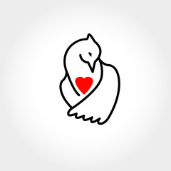 Bird with the red heart. Logo of bird and heart on white background
