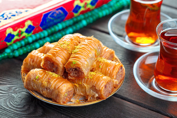 Traditional Baklava on Wooden Table