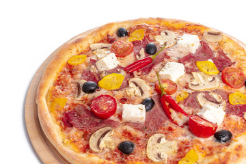 Delicious pizza served on wooden plate isolated on white