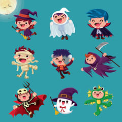 Vintage Halloween poster design with vector vampire, mummy, witch, zombie, bat, ghost, demon, reaper, sea creature, monster character.  