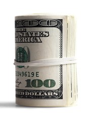Roll of hundred dollar bills wrapped in a rubber band