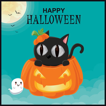 Vintage Halloween poster design with vector cat, Jack O Lantern, pumpkin character. 