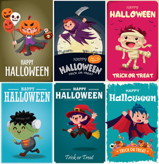Vintage Halloween poster design with vector vampire, mummy, witch, zombie, bat, ghost, demon, Jack O Lantern, reaper, monster character.  