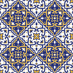 Portuguese tile pattern vector with floral ornaments. Portugal azulejos, mexican talavera, spanish or italian sicily majolica. Mosaic texture for kitchen or bathroom flooring ceramic background.