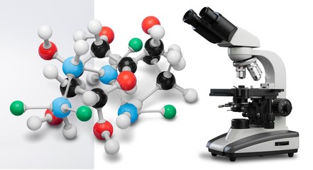 Fototapeta na wymiar Chemical molecule models with microscope on white