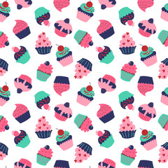Cute seamless pattern with cupcakes on a white background