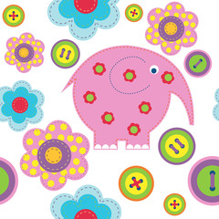 Cute seamless background with elephant buttons and flowers
