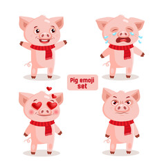 Cute Cartoon Pig Emotions, Happy, Angry, Crying And Love. Cute Animal Emoji Vector Set Isolated On White Background. Emoji Pig Character Icon Set With Different Emotions.