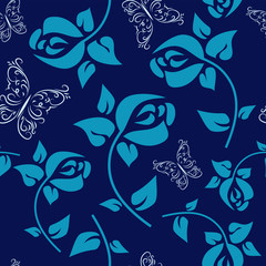 Flower seamless pattern with roses on a blue background