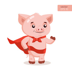 Funny Cartoon Pig Vector. Superhero Pig Cartoon Mascot Character Vector Illustration. Symbol Of The Chinese New Year. Illustration of a SuperHero Pig.