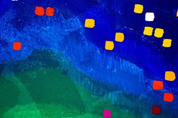 Blau-grüner Hintergrund mit bunten Punkten / Kästchen in Gelb, Weiß, Orange und Rot, Gouache und...