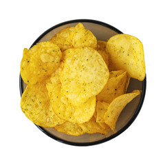 Chips with onions. A bowl of potato chips isolated on white background. Top view.