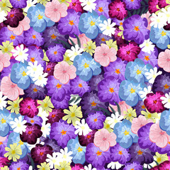 Seamless texture. Multicolor pattern of , flowers, branches and leaves. Design for cover, wrapper or fabric.