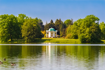 Fototapeta na wymiar Beautiful scenery of Swan Island (Schwaneninsel) with its small white temple and ducks swimming on the lake (Aueteich) on a nice sunny day in the Karlsaue park in Kassel, Hesse, Germany. 