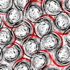 seamless circles and dots background pattern, strokes and splashes, black, white and red