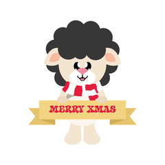 cartoon cute sheep black with scarf and christmas sign