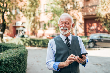 Charming elegant senior man using smartphone outdoors.