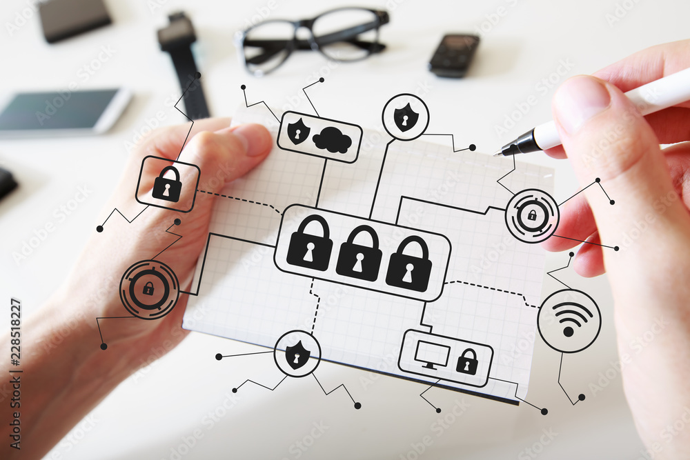 Poster cyber security with man writing in a notebook