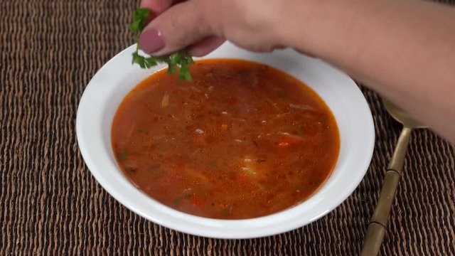 White plate with a homemade appetizing and tasty borsch. Red beetroot vegetable soup. Ukrainian and russian traditional red beet soup - borscht or borsch, close up