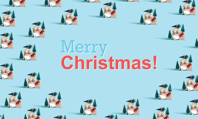 Fototapeta premium Merry christmas message with little car carrying Christmas trees