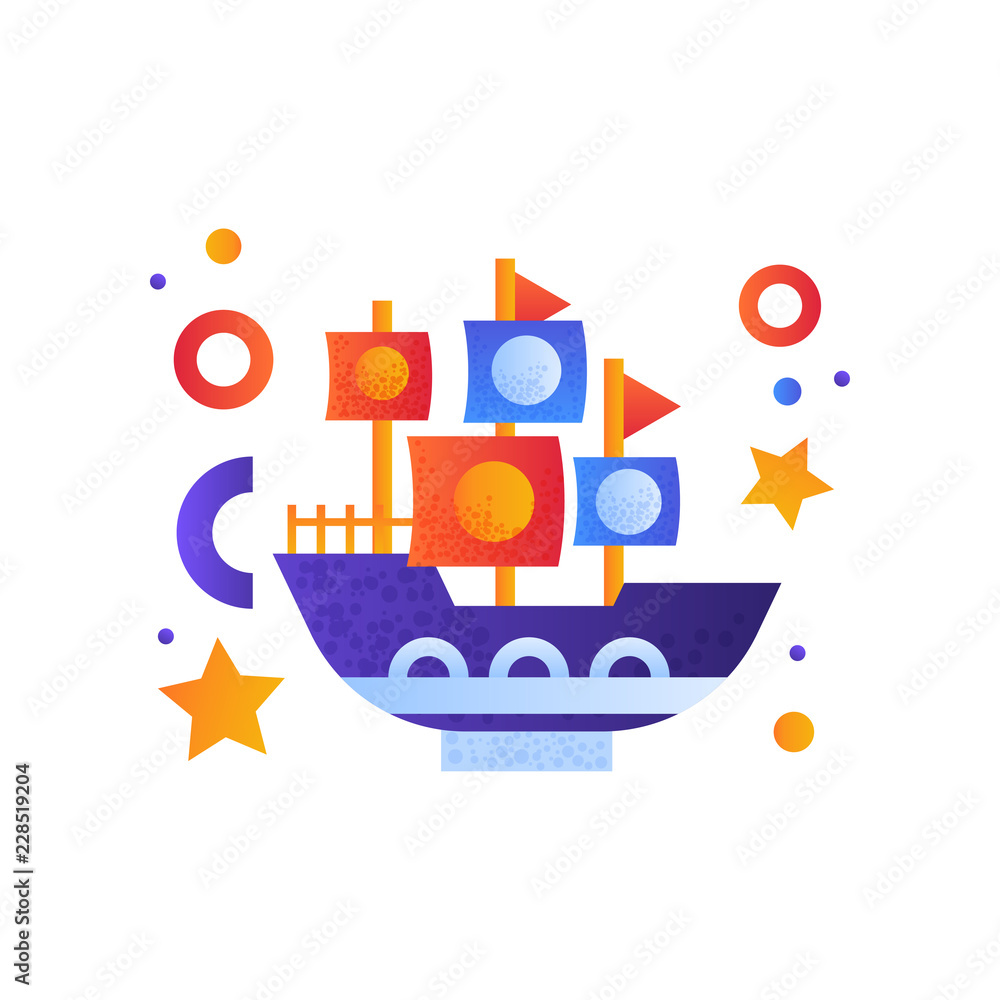 Sticker Vintage shop with sails, sea travel, retro toy water transport vector Illustration on a white background