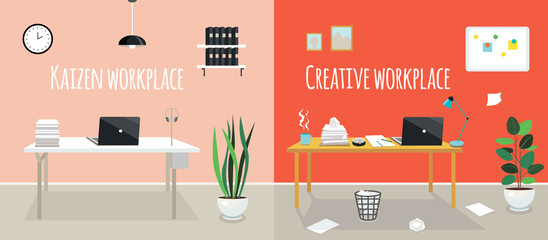 Vector flat illustration of kaizen work place and creative work place. Chaos or cleanness in your office room. Two styles of workplace organization. Order and disorder on the table. 