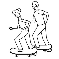 young couple in skateboards characters