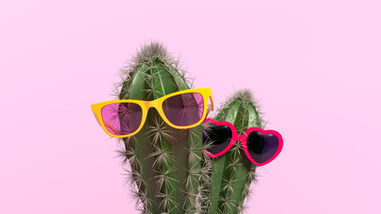 Creative concept of cactus with glasses in flower pot. 3d illustration.