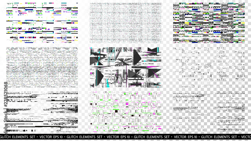 Poster glitch elements set. computer screen error templates. digital pixel noise abstract design. poster de