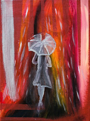 Modern abstract art. Colorful original painting. Transparent woman with a dress / raincoat, in the rain with umbrella. Autumn, fall.