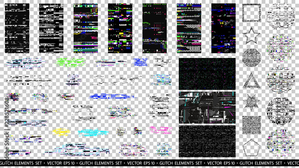 Poster glitch elements set. computer screen error templates. digital pixel noise abstract design. poster de