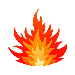 Cartoon fire flame safety sign concept. Gas explosion danger design with burning bonfire flames in orange, yellow and red colors isolated on white background. Vector illustration for hell heat emblem