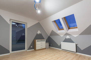 Kids bedroom with mountains chalkboard paint and new laminated floor