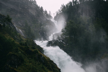 Rapid Latefossen mountain Waterfall, Norway