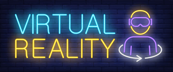 Virtual reality neon text and person in vr glasses. Computer games and entertainment advertisement design. Night bright neon sign, colorful billboard, light banner. Vector illustration in neon style.