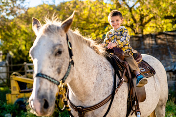 Fototapeta premium in a beautiful Autumn season of a young boy and horse