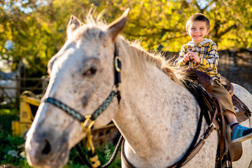 in a beautiful Autumn season of a young boy and horse