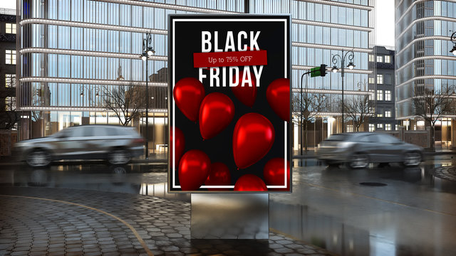 black friday advertisement on billboard on city downtown