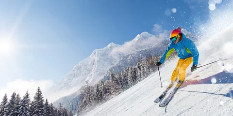 Wall murals Winter sports Skier skiing downhill in high mountains
