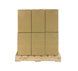 Warehouse parts boxes on wooden pallet isolated on white