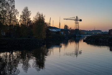 Crane before the evening sky