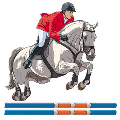 Equestrian, show jumping. An illustration of a rider and horse jumping over an obstacle.