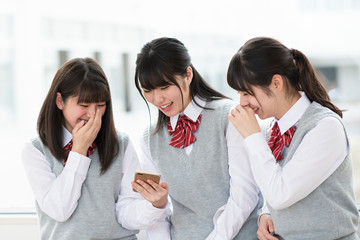 スマートフォンを持ち談笑をする女子学生