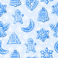 Christmas seamless pattern of holiday cookies, watercolor illustration