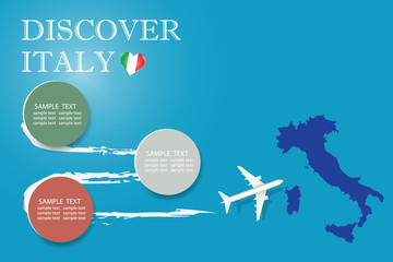 Discover  Italy blank template with an airplane flying to the map of Italy. The vector has a place for your photos or text. It can be used for travel agencies, transportattion or travel industry etc. 