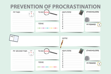 Prevention of procrastination template vector ready for writing two tasks