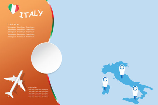 Travel  Italy blank concept with airplane and state emblem of Italy in the left side of the vector. Map of Italy with pointers is  in the right side.  The vector has a place for your photos or text. 