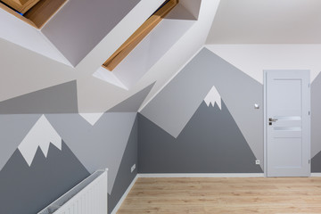 Kids bedroom with mountains chalkboard paint and new laminated floor